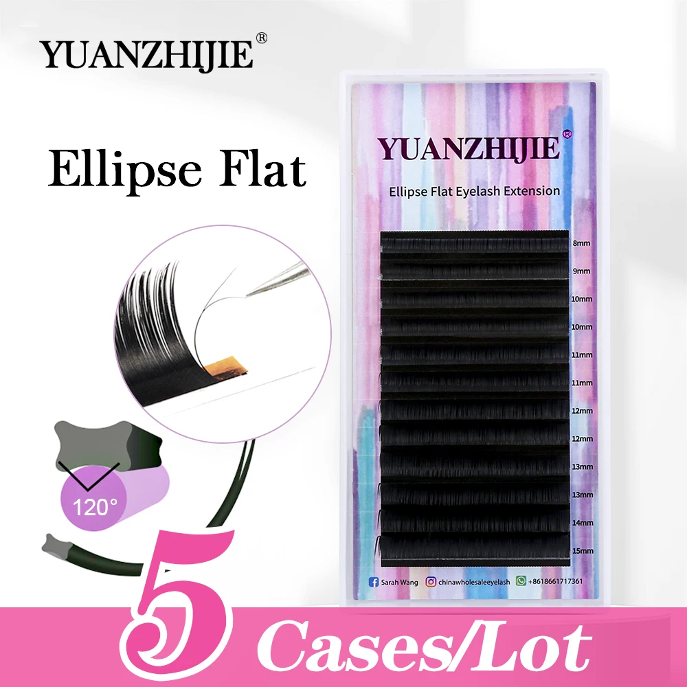 YUANZHIJIE 5cases/lot Matte Flat Lashes Split Tips Ellipse Individual Mink Eyelash Dark Black Flat Ellipse Lash Extensions