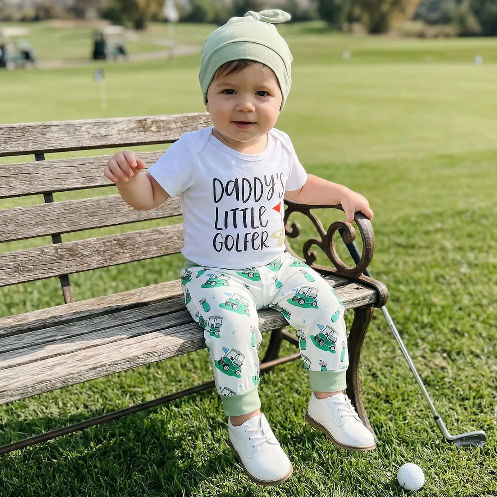 0-18M  남아 골프 의상 아빠의 미래 골프 친구 재미있는 롬퍼 티셔츠 상의와 골프 바지 3종 골프 의류 세트