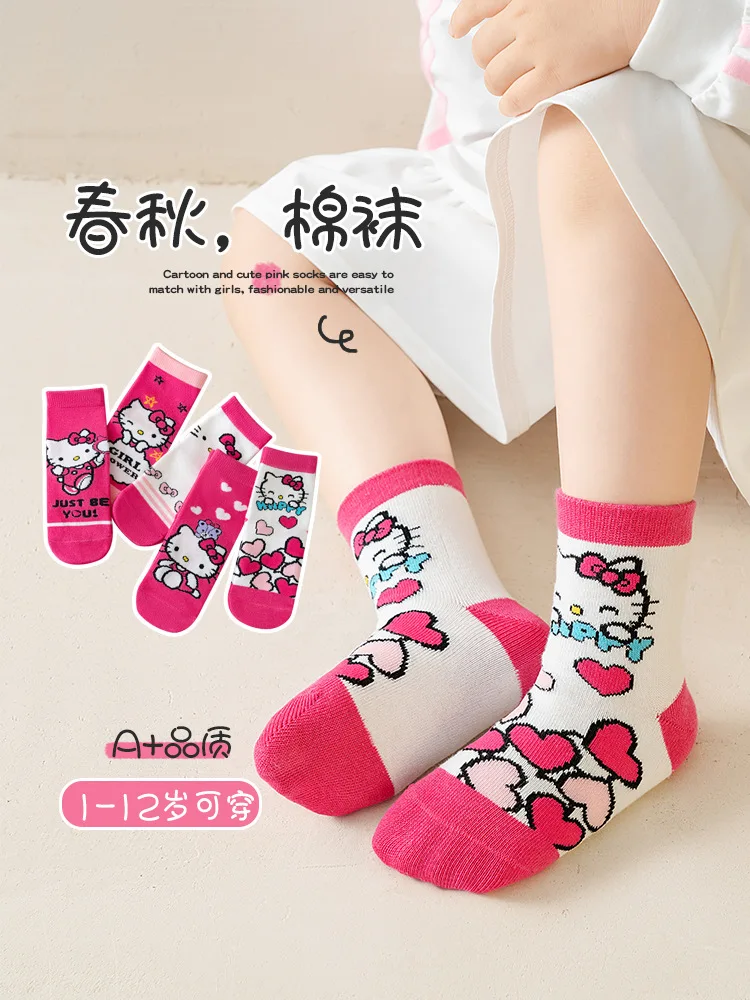 5 Pairs Sanrio Hello kitty Kids Socks Kawaii New Fall Cartoon Children mid-calf socks Cotton Sock for Girls Gifts 5