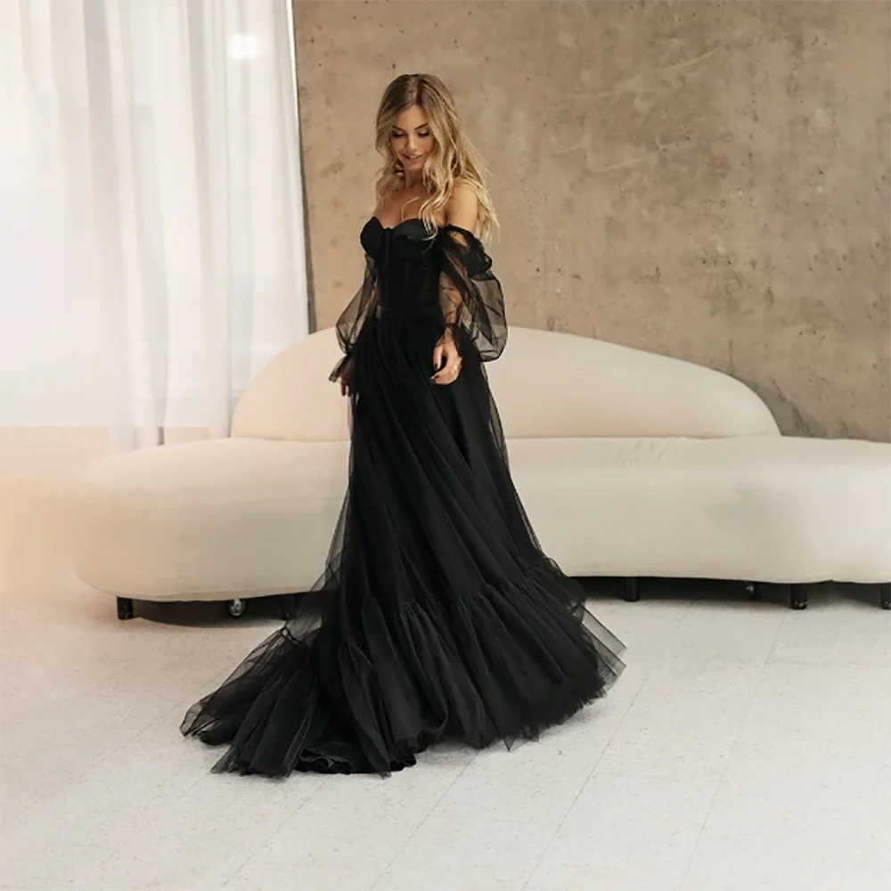 

2023 Sexy Black Off Shoulder Gothic Puffy Sleeve Party Prom Dresses Tulle Sweep Train Evening Dress فستان سهرة