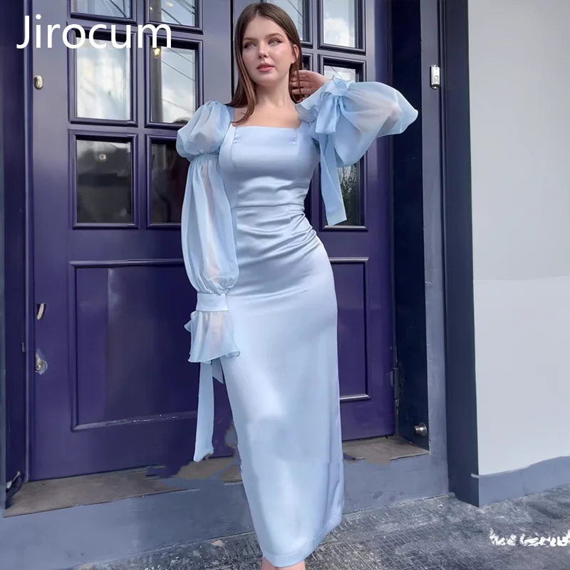 

Jirocum Bubble Long Sleeve Prom Dress Ribbon Square Neck Dinner Women Party Evening Gown Ankle 2024 New Formal Occasion Dresses
