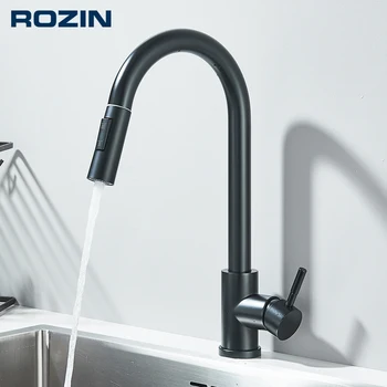 Rubinetto da cucina estraibile nero Miscelatore per lavello da cucina flessibile con acqua calda e fredda montato sul piano con ugello per modalità doccia a flusso 1