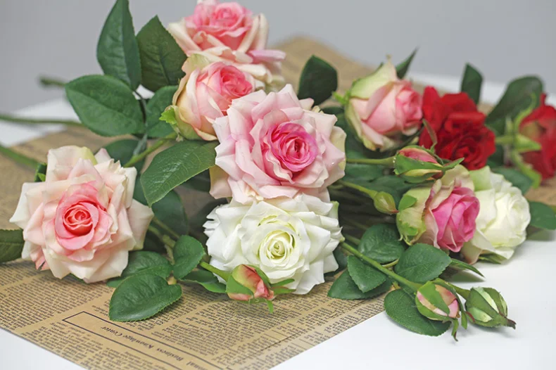 3 Köpfe hochwertige Rose gefälschte Blumen künstliche Hand fühlen sich feuchtigkeitsspendende Blumen Pflanzen Zuhause Wohnzimmer Büro Party Dekoration – Detail 10