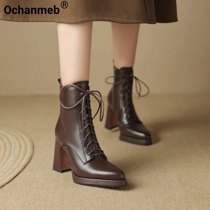 

Ochanmeb Women Genuine Leather Boots High Block Heels Gothic Motorcycle Bootie Winter Woman Platform Zipper Lace-up Shoes Autumn