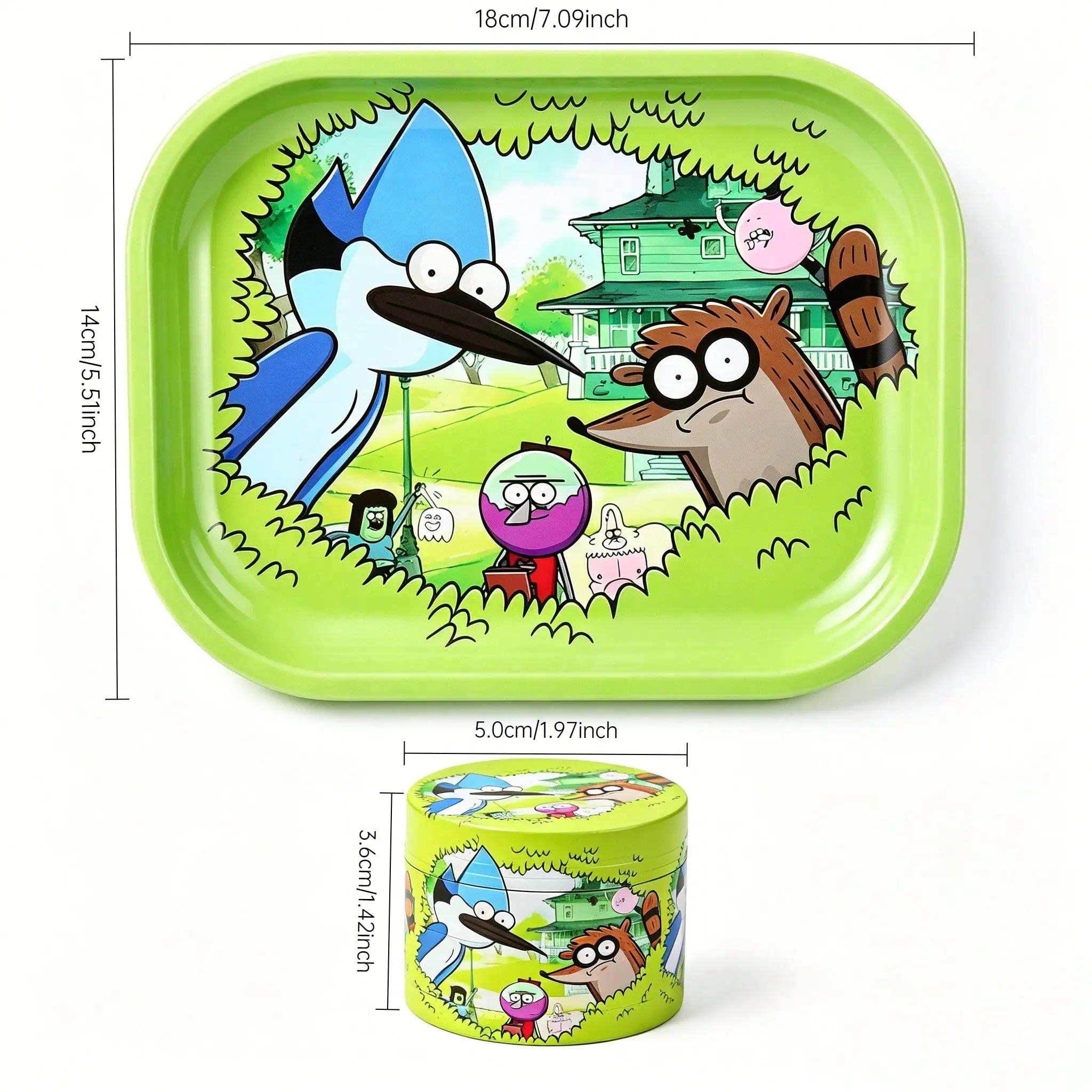 1/2 Pieces Cartoon Bird and Raccoon Metal Rolling Tray and Herb Grinder 2