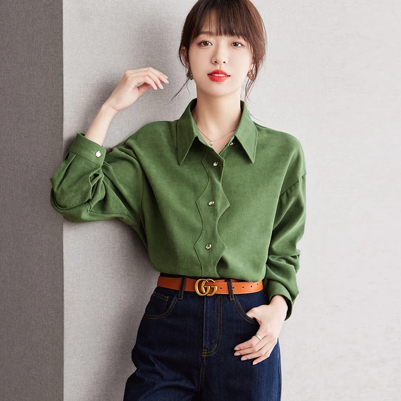 

Vintage Turn-down Collar Women Shirt Autumn Irregular Office Lady Long Sleeve Temperament Elegant Fashion Single-breasted Blouse
