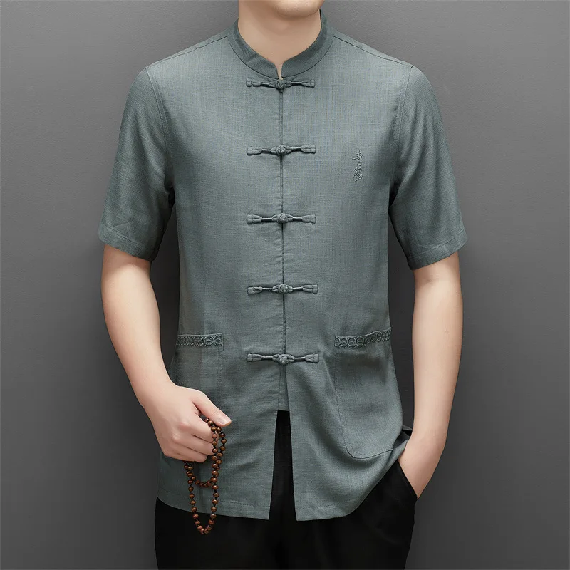 

Yourqipao New Chinese Men's Cotton Linen Shirt Tang Embroidered Buttons Short-sleeved Casual Loose Tops Retro Tunic Suit Shirt