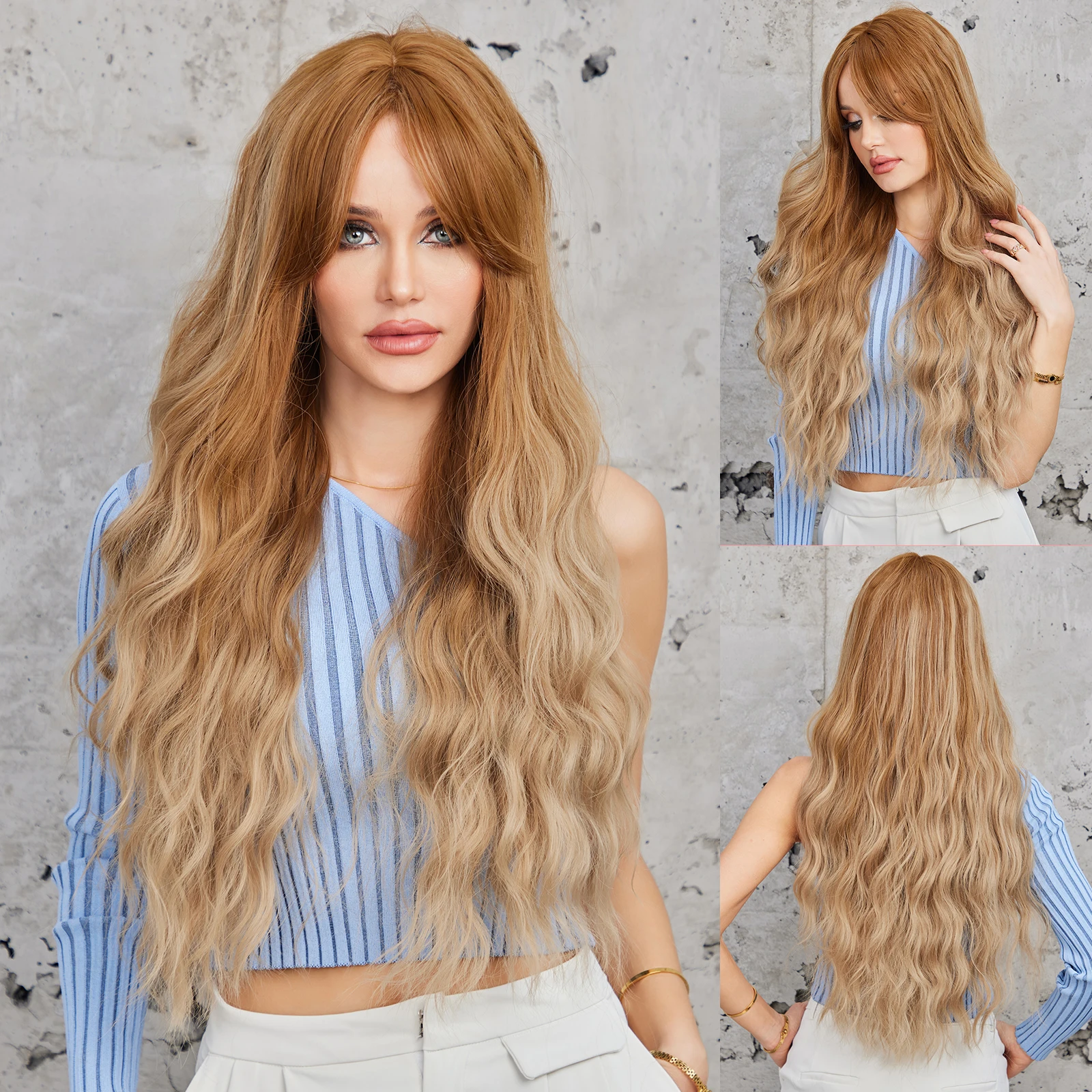 Long Wavy Daily Wigs with Bangs Ombre Blonde Natural Looking Synthetic Wigs for Women Party Use Soft Hair High Temperature Fiber