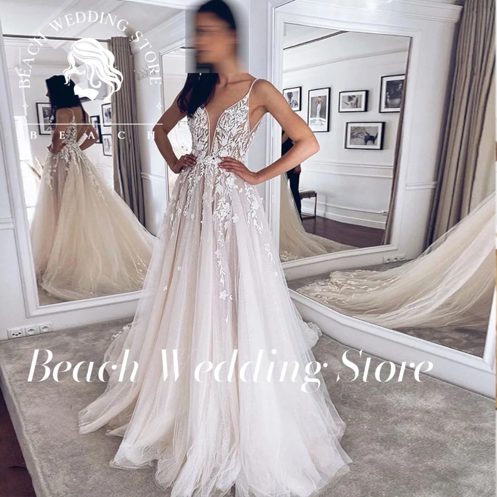 Brautkleid Lang Mit Spitze & Spaghettiträgern – V-Ausschnitt, Tüll Mit Schleppe, In Übergrößen
