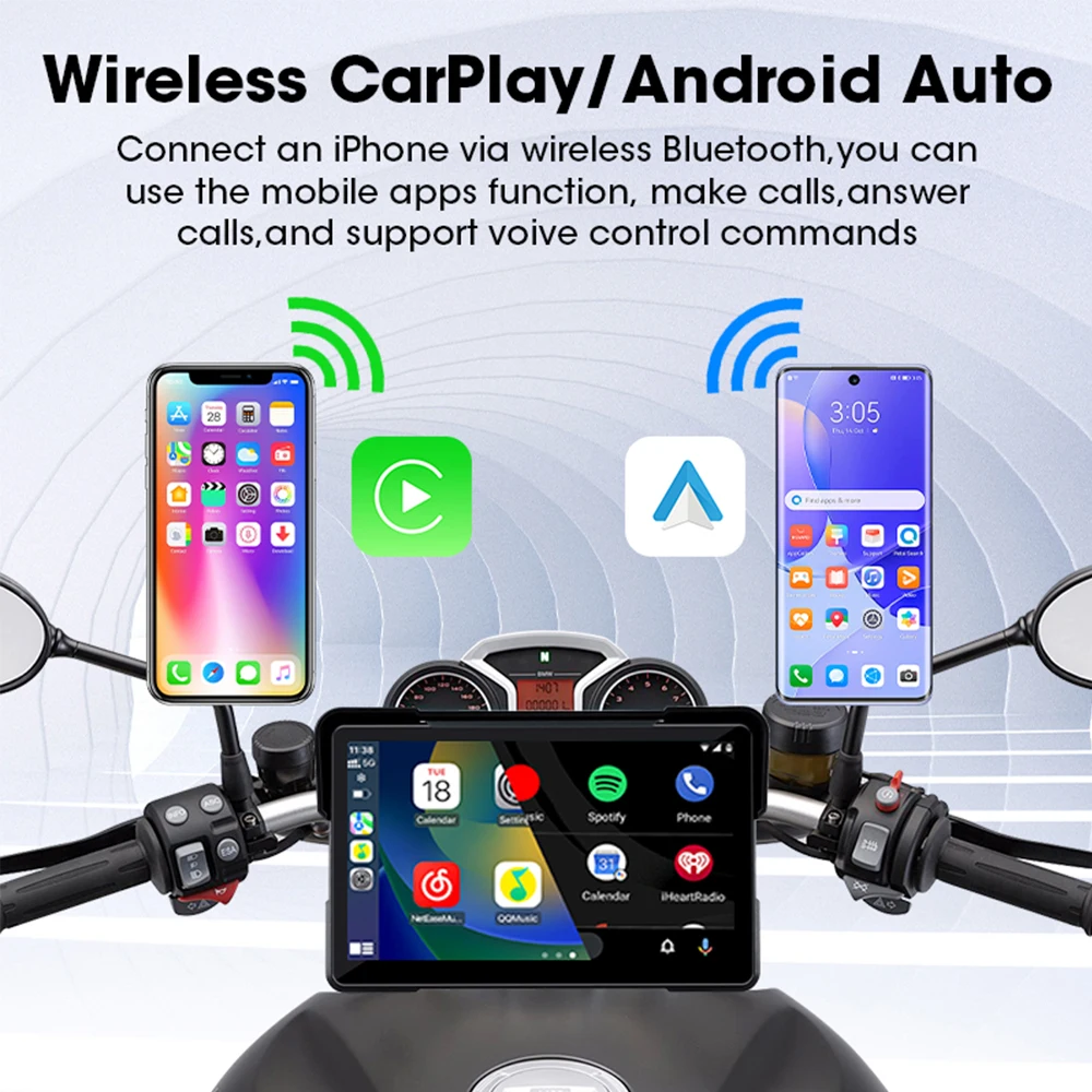 JIUYIN 2K 5 inch Recorder Motorcycle Multimedia GPS Navigation Wireless CarPlay Android Auto IP67 Waterproof Screen Bluetooth