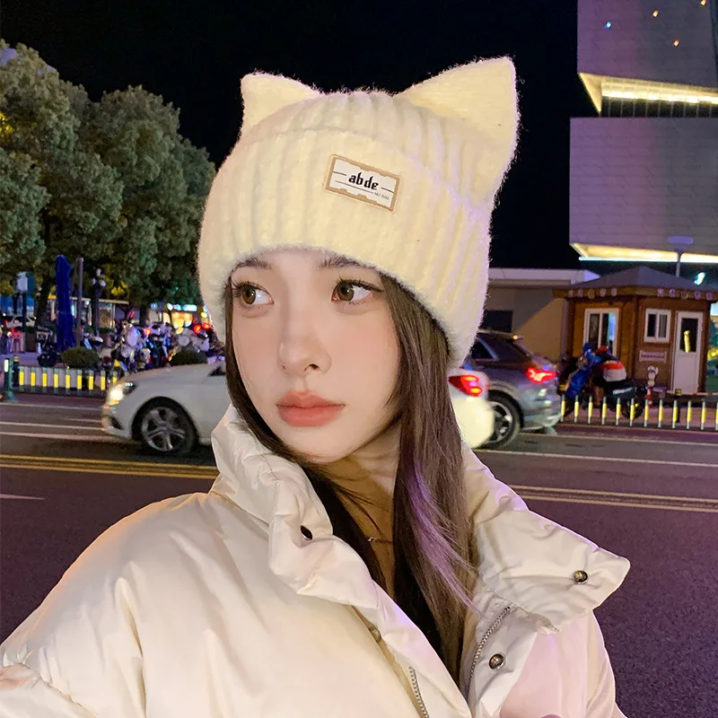 

Winter Plush Cat Ears Woolen Hat Y2K Korean Knitted Bonnet Ear Protection Warm Thickened Pullover Cap Letter Fur Skullies Beanie