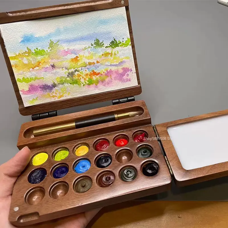 

Ins Style Handmade Walnut Paint Box 18 Colors Watercolor Travel Box Round Hole Palette Ceramic Square Hole Painting Toolbox