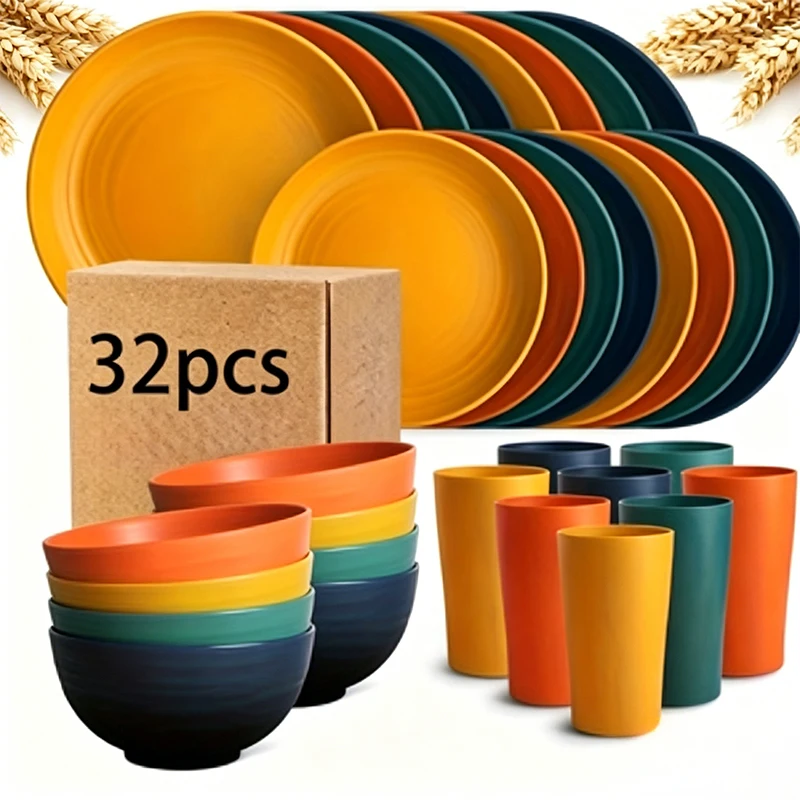 32/16pcs Wheat Straw Large Size Dinnerware Set, Service For 8/4, Kitchen Accessories, Unbreakable Modern Dish Set-Plate/Dessert Plate/Bowl/Cup, Dishwasher And Microwave Safe, Lightweight Tableware, Perfect Camping And Everyday Use, Gifts For Men 6