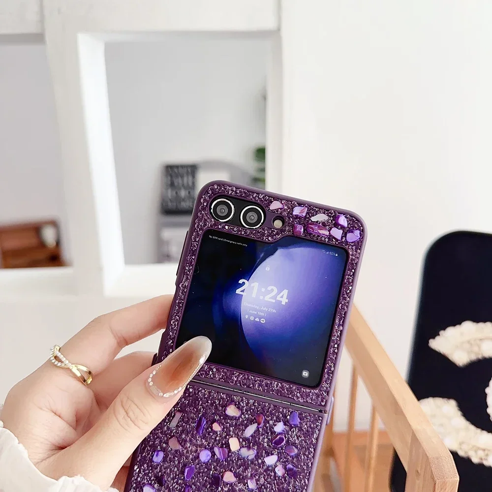 Phone Case Rhinestone Glitter Sequin Trim Phone Case For Samsung Galaxy Z Flip 3 4 5 6 5 5G Soft TPU Frame Back Cover