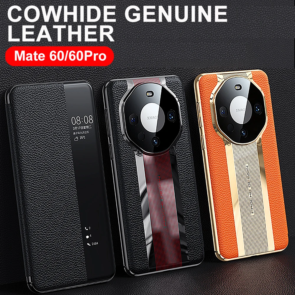 

Luxury Genuine Leather Flip Cover For Huawei Mate 60 Pro Case Original planting design Smart Touch View Wake Sleep Up Casing