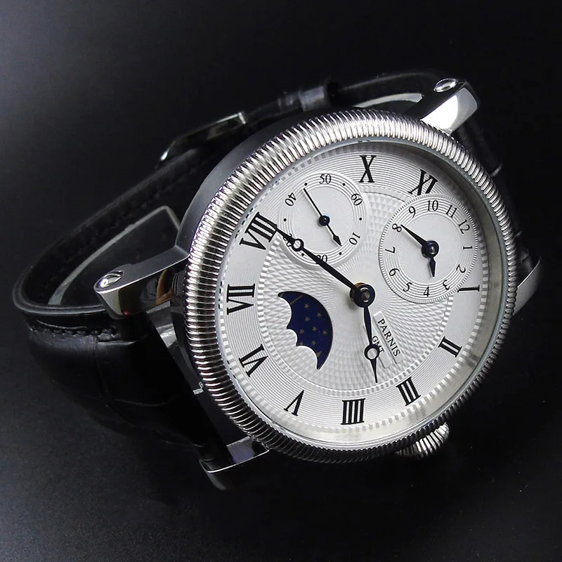 

2024 Luxury Gifts 43mm Parnis White Dial Blue Marks Leather Strap GMT Moon Phase Mechanical Hand Wind Men's Watch reloj hombre