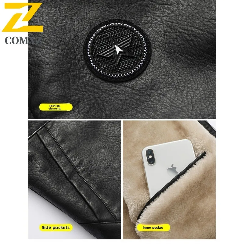 ​Men  Leisure Sports Jacket Winter Thickened Fleece Lined Waterproof Stand Collar Motorcycle Biker Style Warm Cold Weather​ Coat