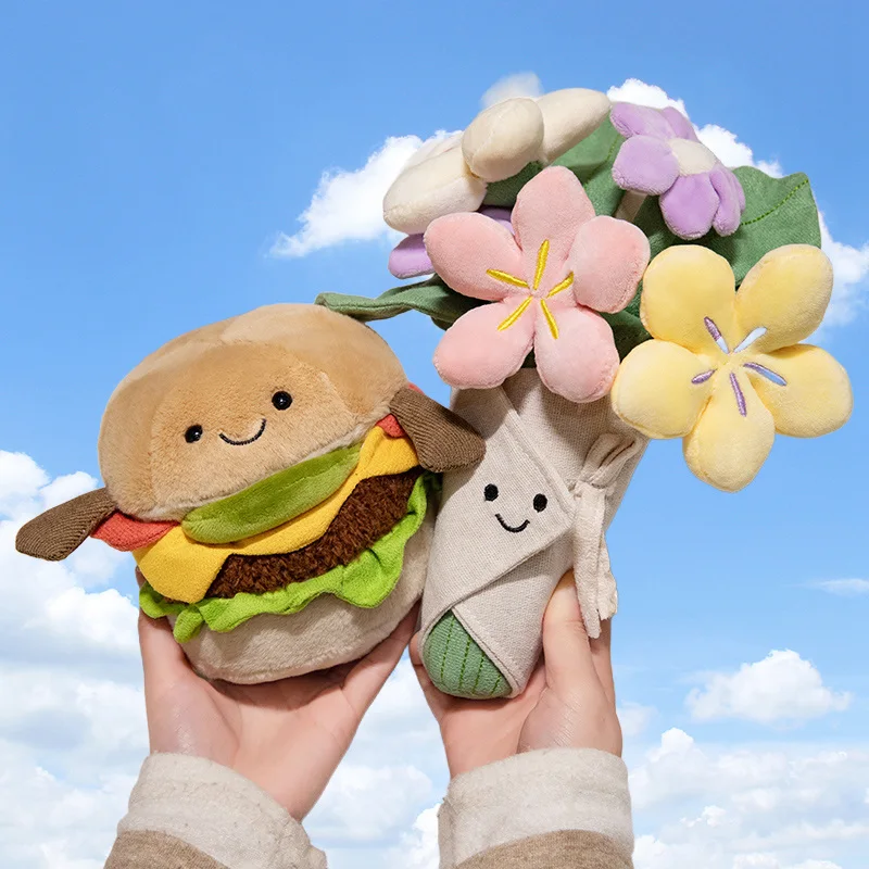 Funny Creative Smile Face Hamburg Flower Dolls Kawaii Stuffed Cartoon Soft Plush Toys for Girls Valentine's Day Gifts Home Decor