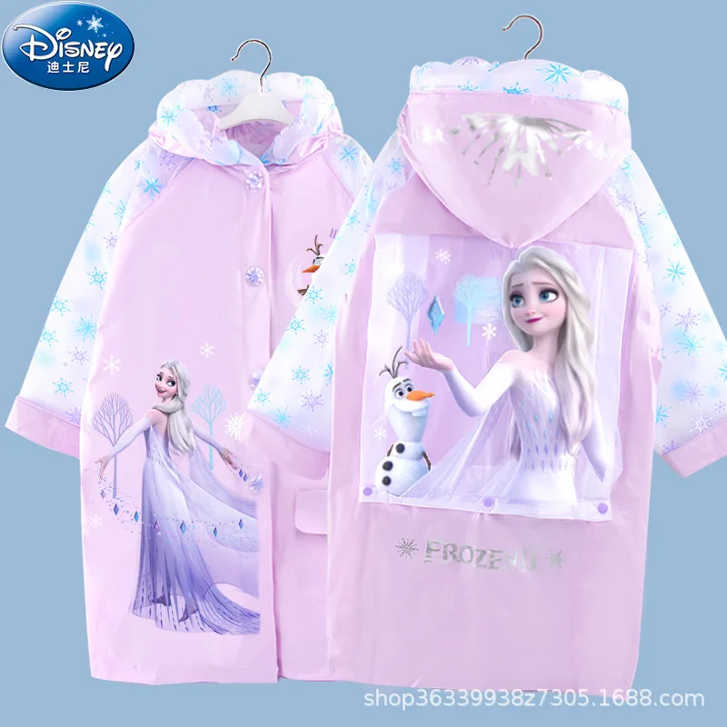 

Frozen 2 Disney Fashion Raincoat with Schoolbag Girl Elsa Cute Rain Cape Mid-length Anime Figures Toy Student Kids Birthday Gift