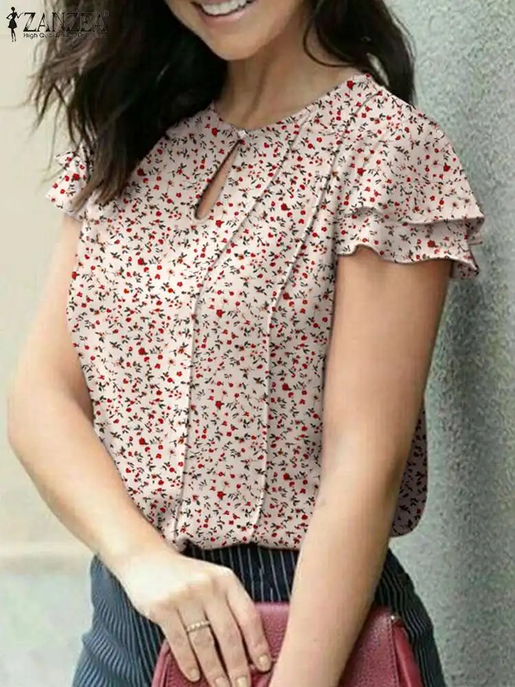 

Блузка ZANZEA женская с принтом, Повседневная рубашка с коротким рукавом, Элегантный Богемный топ с оборками и круглым вырезом, на лето