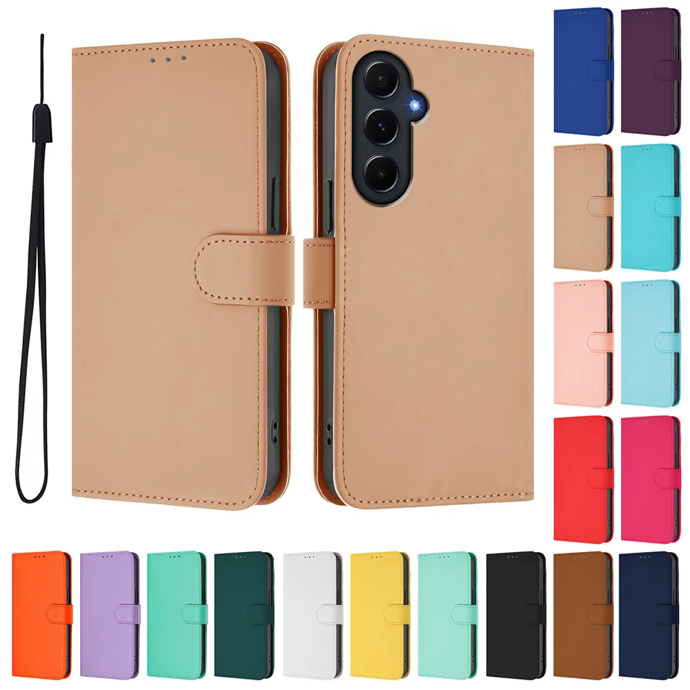 Elegant Solid Color Wallet Case with Kickstand, Card Holder, and Strap Phone Cover