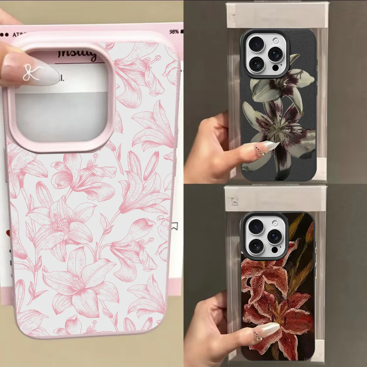 Retro Black Pink Lily Flower Phone Case