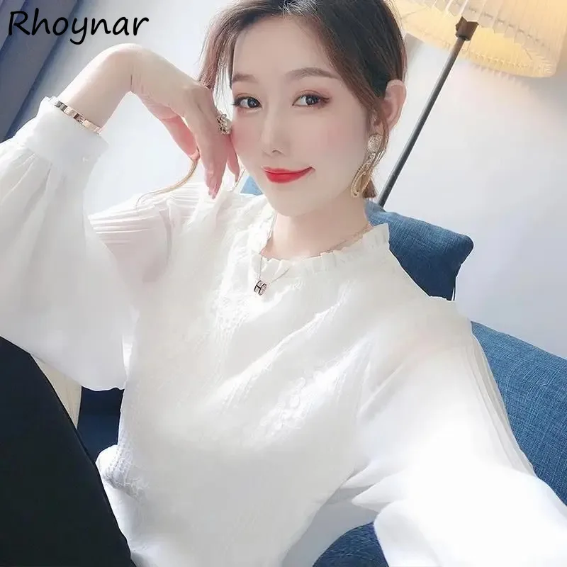 

Blouses Women Korean Style Retro Simple Temperament Prevalent Lace Ruffles Designed Long Lantern Sleeve Spring Sweet Girls Soft