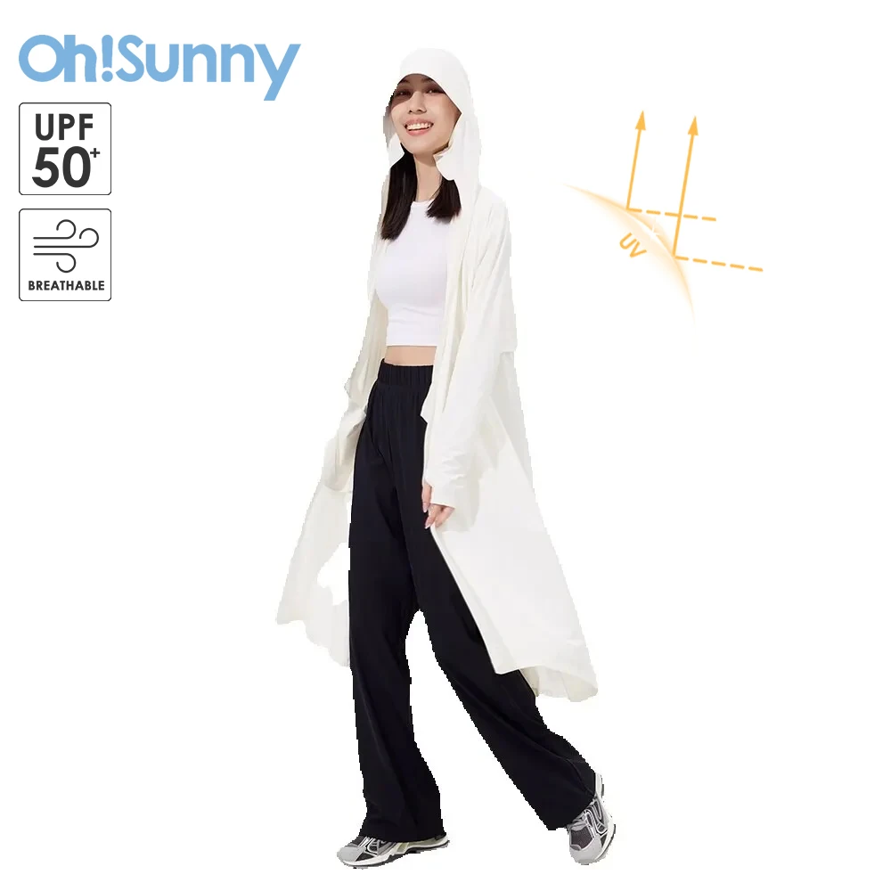 

OhSunny Women Cycling Long Coat Sunscreen Trench Hooded Jacket UPF50+ Sun Protection Summer Coolchill Windbreaker Outwears