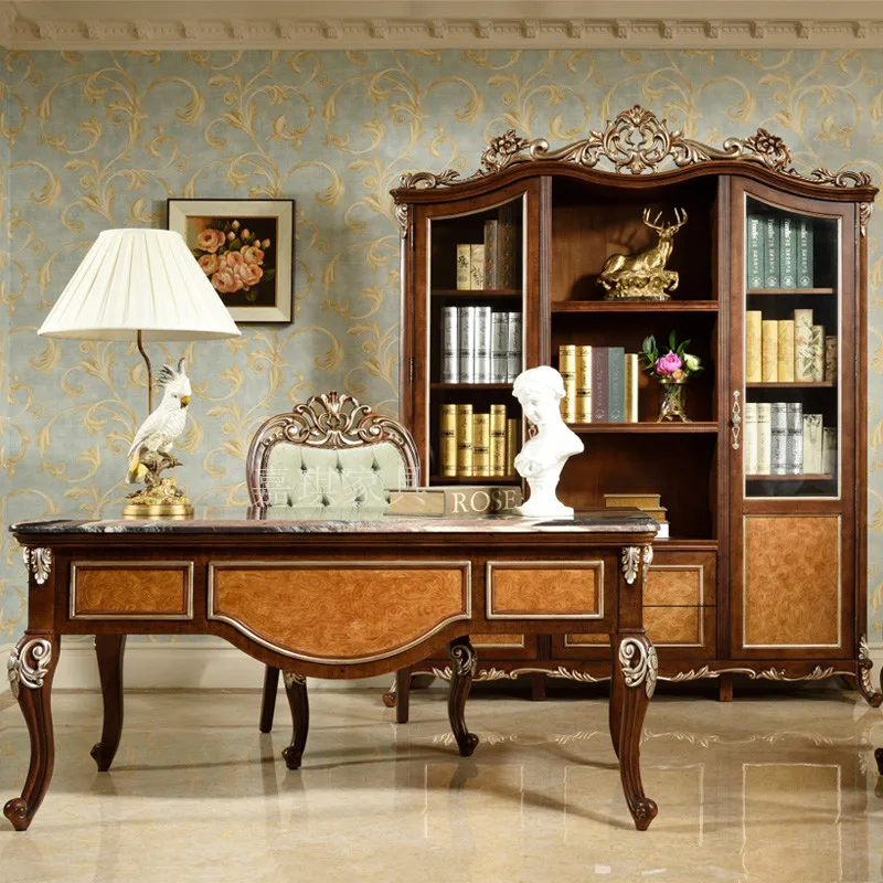 

American all solid wood desk cabinet combination European luxury carved office desk chair villa furniture customization