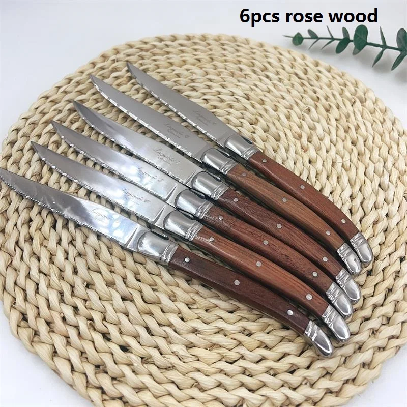 6-10pcs Laguiole Black wood Steak knives Stainless Steel Serrated Dinner Knife Red Solid Wooden Table Knifes Dinnerware set