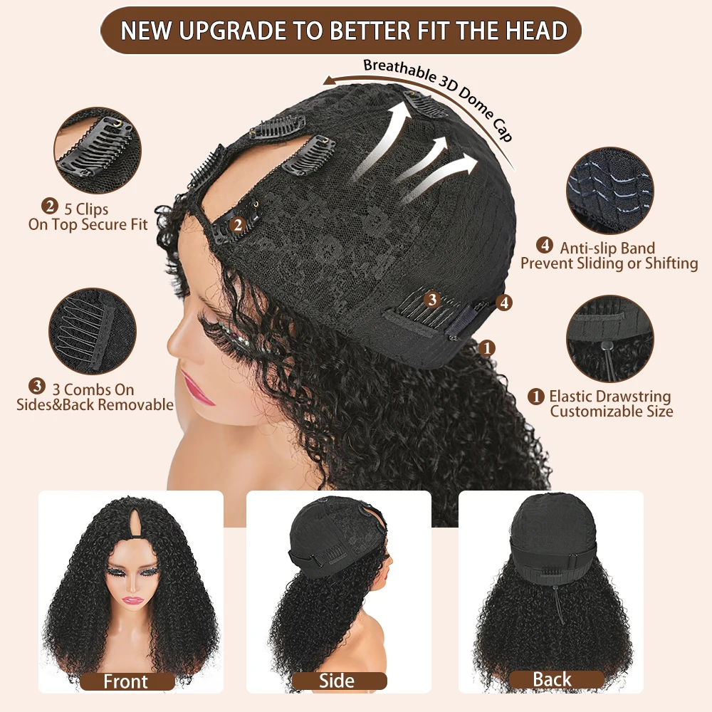 Indian Deep Wave Curly 220% V Part Wig Human Hair 100% Upgrade U Part Human Hair Wigs For Women High Density Machine Made Wig