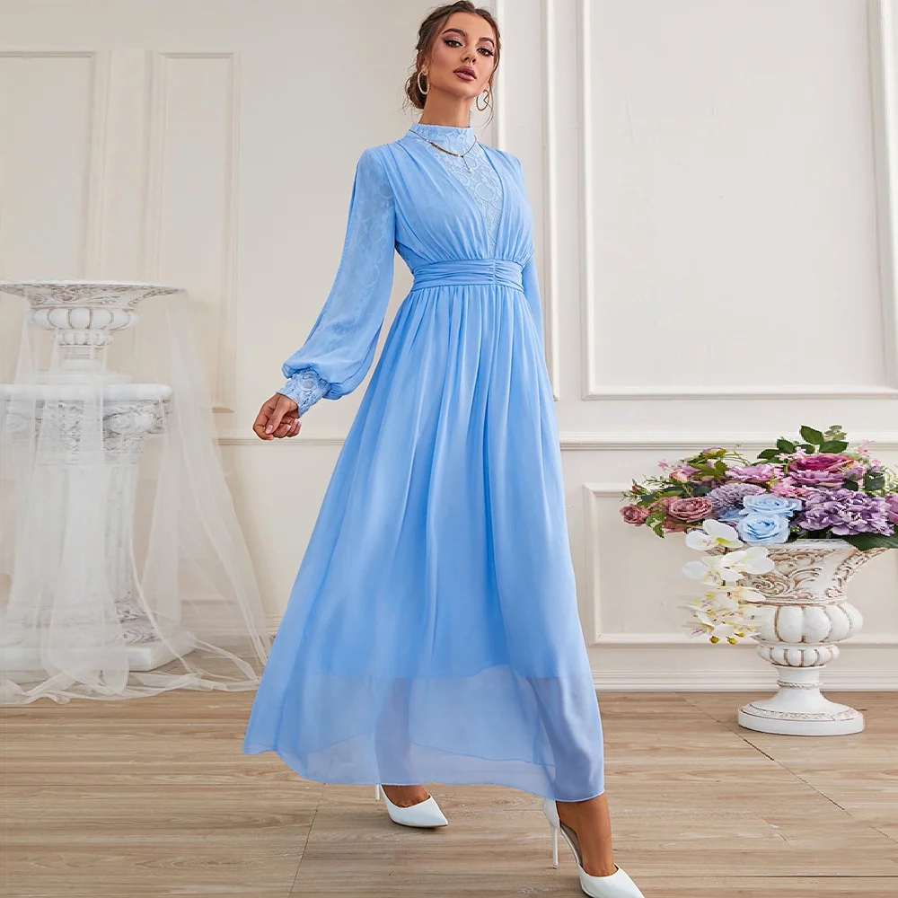

European and American Women's Clothing 2023 New Round Neck Long Sleeve Lace Mesh Dress Elegant and Pretty Women's Dresses