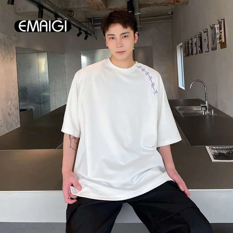 

Neckline Button Slit Men's Short Sleeve T-shirt Trend Yuppie Tshirts Male Japan Korean Streetwear Fashion Loose Tee Shirt