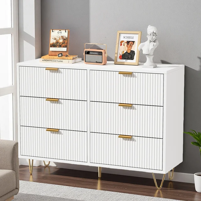 Commode blanche côtelée Comanlai, avec poignées et supports dorés, armoire de rangement, buffet, pour chambre, couloir, entrée 1