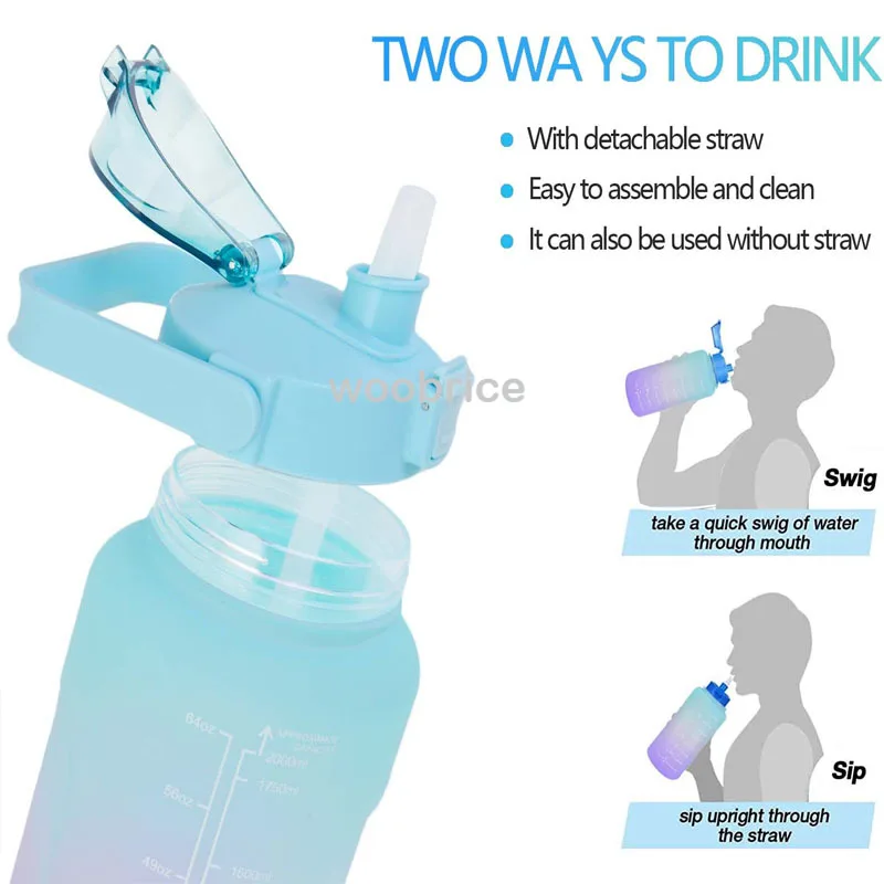 Motivational 2L Portable Sports Water Bottle with Time Marker and Stickers