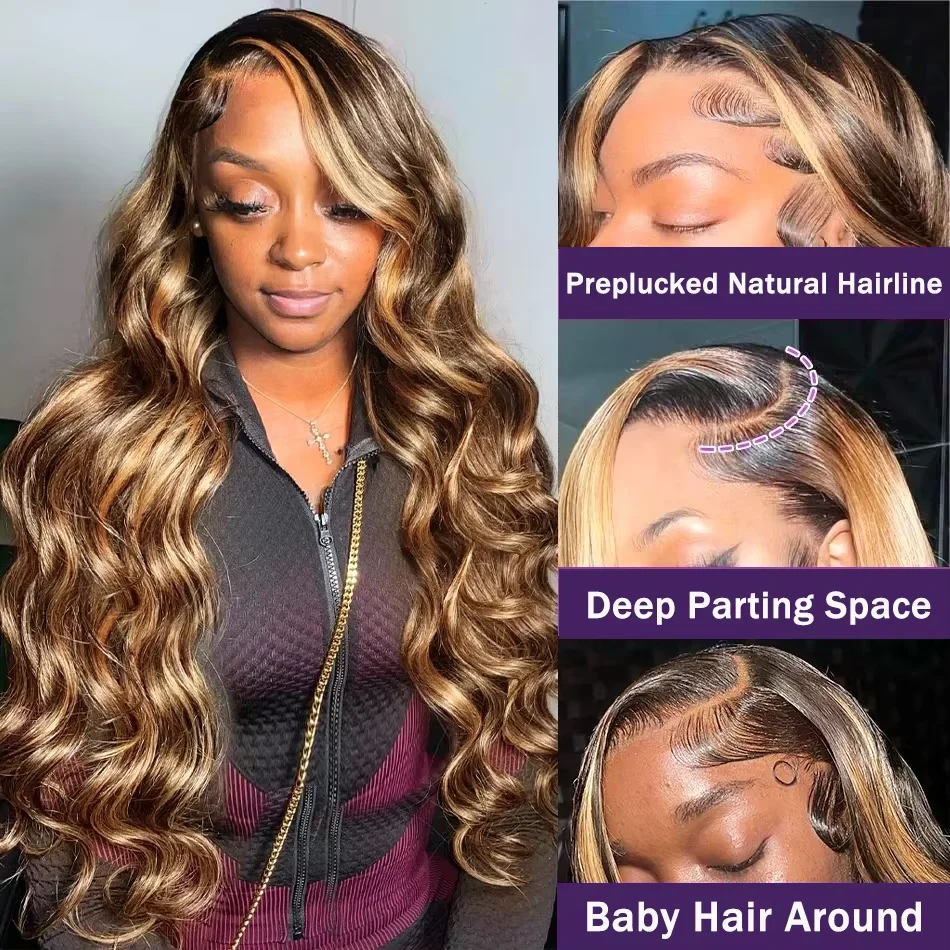 Highlight Ombre Body Wave Lace Front Wig Human Hair 13x4 13X6 4/27 Honey Blonde Lace Frontal Wigs Pre Plucked 200 Density 3