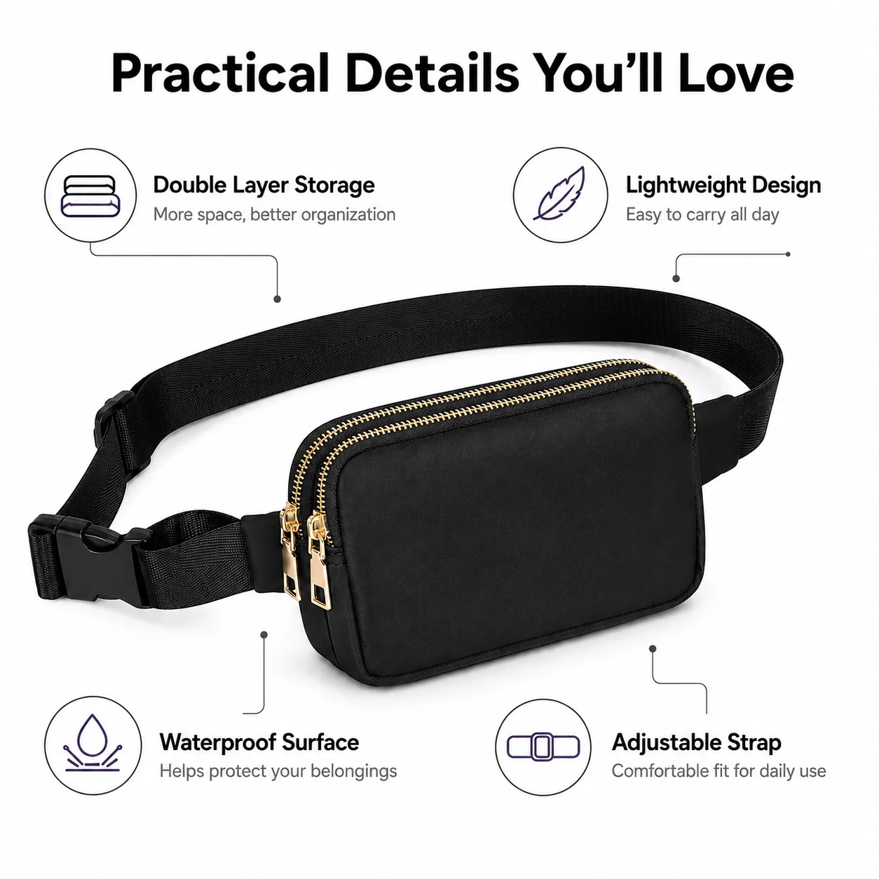 Dual Compartment Lightweight Crossbody Waterproof Waist Bag with Adjustable Strap