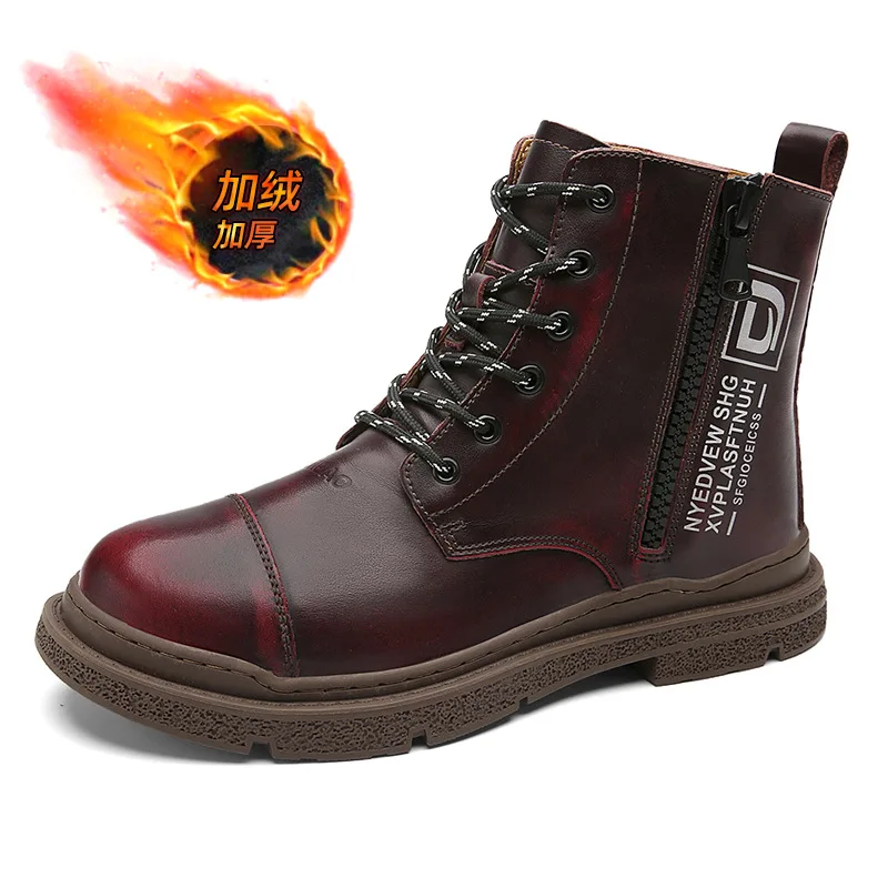 

Зимние мужские ботинки из натуральной кожи, теплые плюшевые зимние ботинки, уличные водонепроницаемые мужские Ботинки Martin, модные ботинки