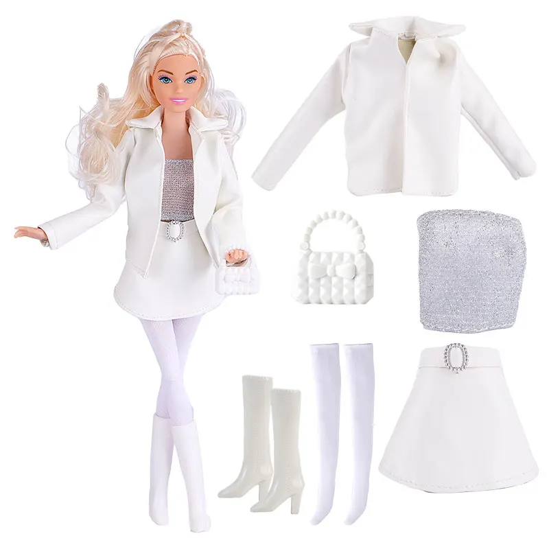 Chic Leather Dress and Fashion Coat Doll Outfit with Accessories