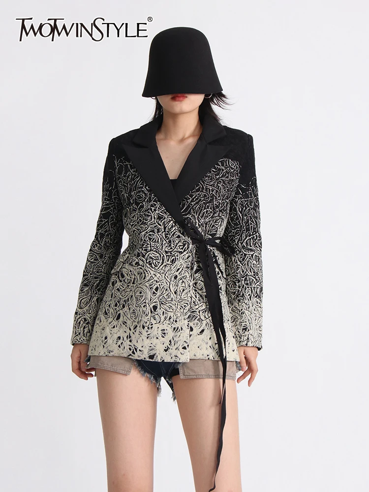 

TWOTWINSTYLE Irregular Gradient Blazers For Women Notched Collar Long Sleeve Patchwork Lace Up Blazer Female Fashion Style 2023