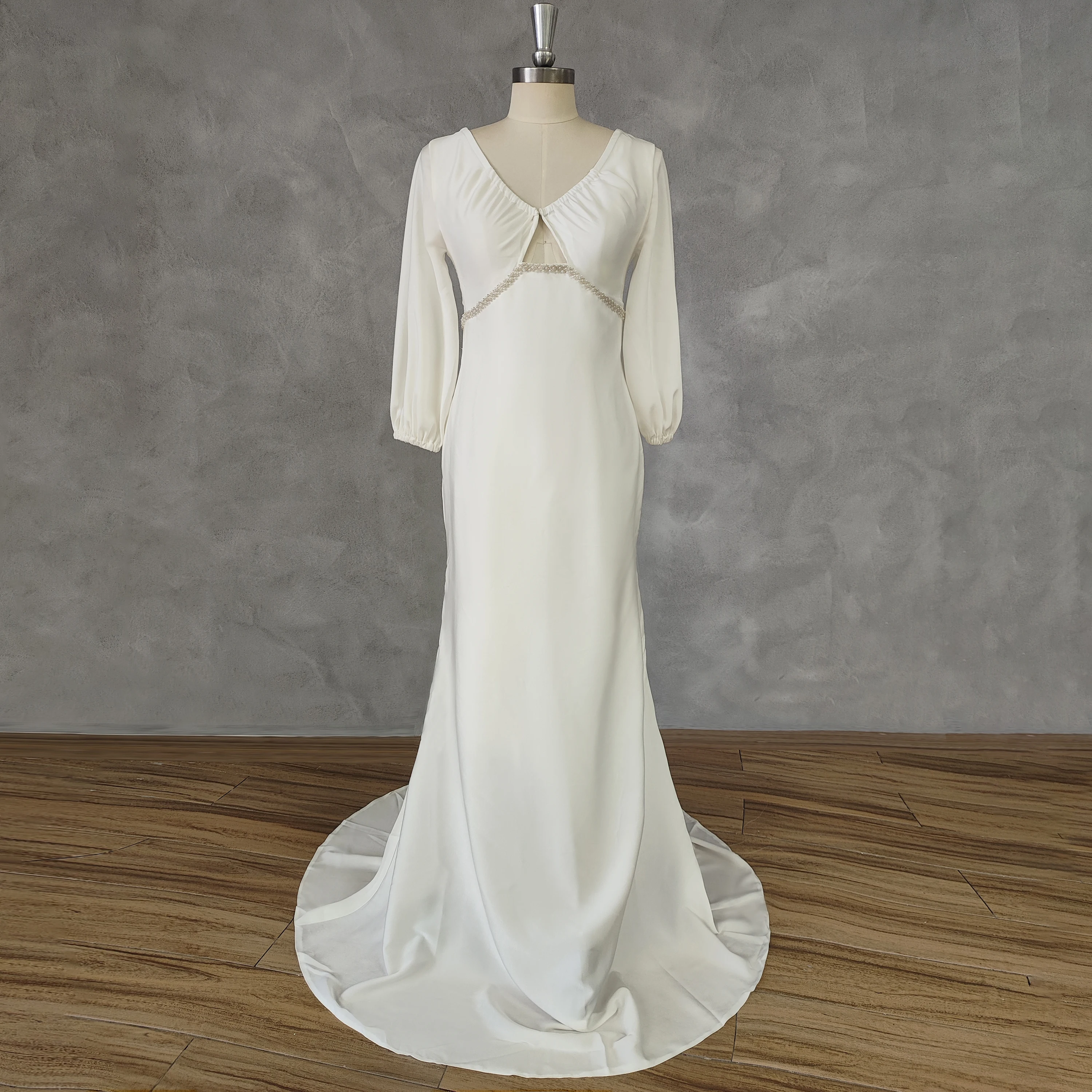 

Женское платье с юбкой годе DIDEYTTAWL, Элегантное свадебное платье с V-образным вырезом, рукавами-фонариками и открытой спиной, со шлейфом, украшенное бусинами