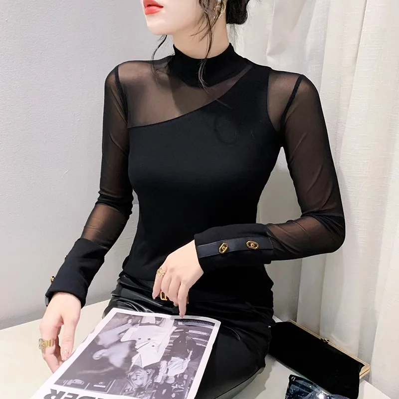 Autumn Winter Half High Collar T shirt Patchwork Long