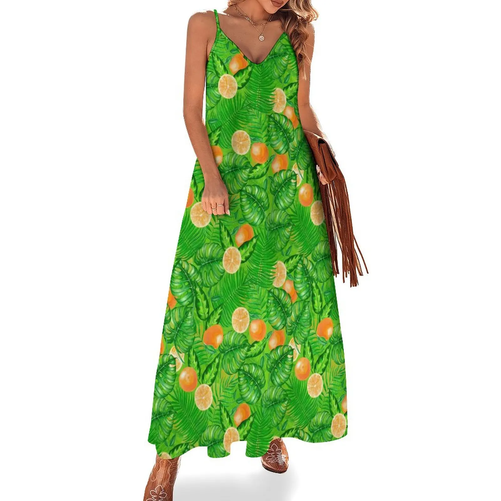 

Fruit Print Dress Oranges And Tropical Leaves Elegant Maxi Dress Straps Casual Long Dresses Summer V Neck Oversize Clothes