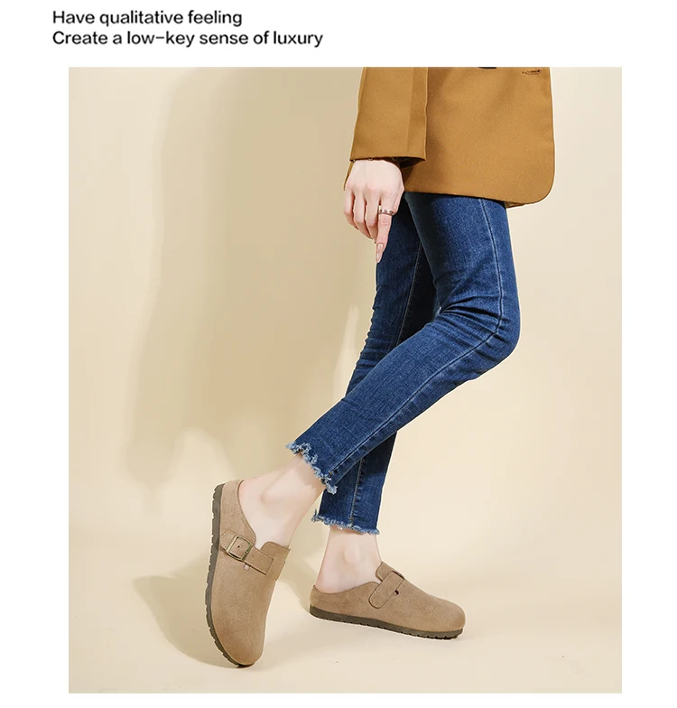 Women's Retro Suede Clogs With Buckle Slip-on Mules Flat Sandals_voghion.com