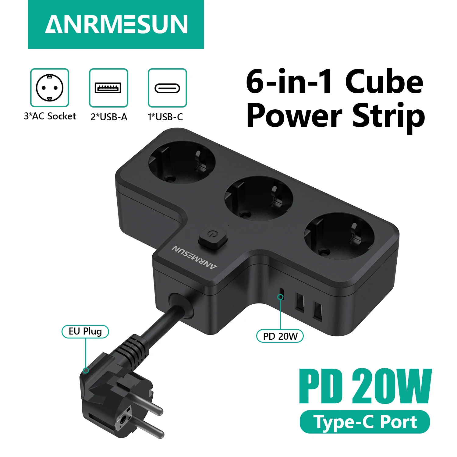 Universal Power Strip with 3 AC Outlets & Multi-Port USB-C Charging – Ideal