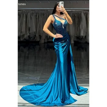 Sansa Customized Blue Beading Slanted Shoulders Prom Dresses Strapless فساتين للمناسبات الخاصة Floor-Length vestidos de festa