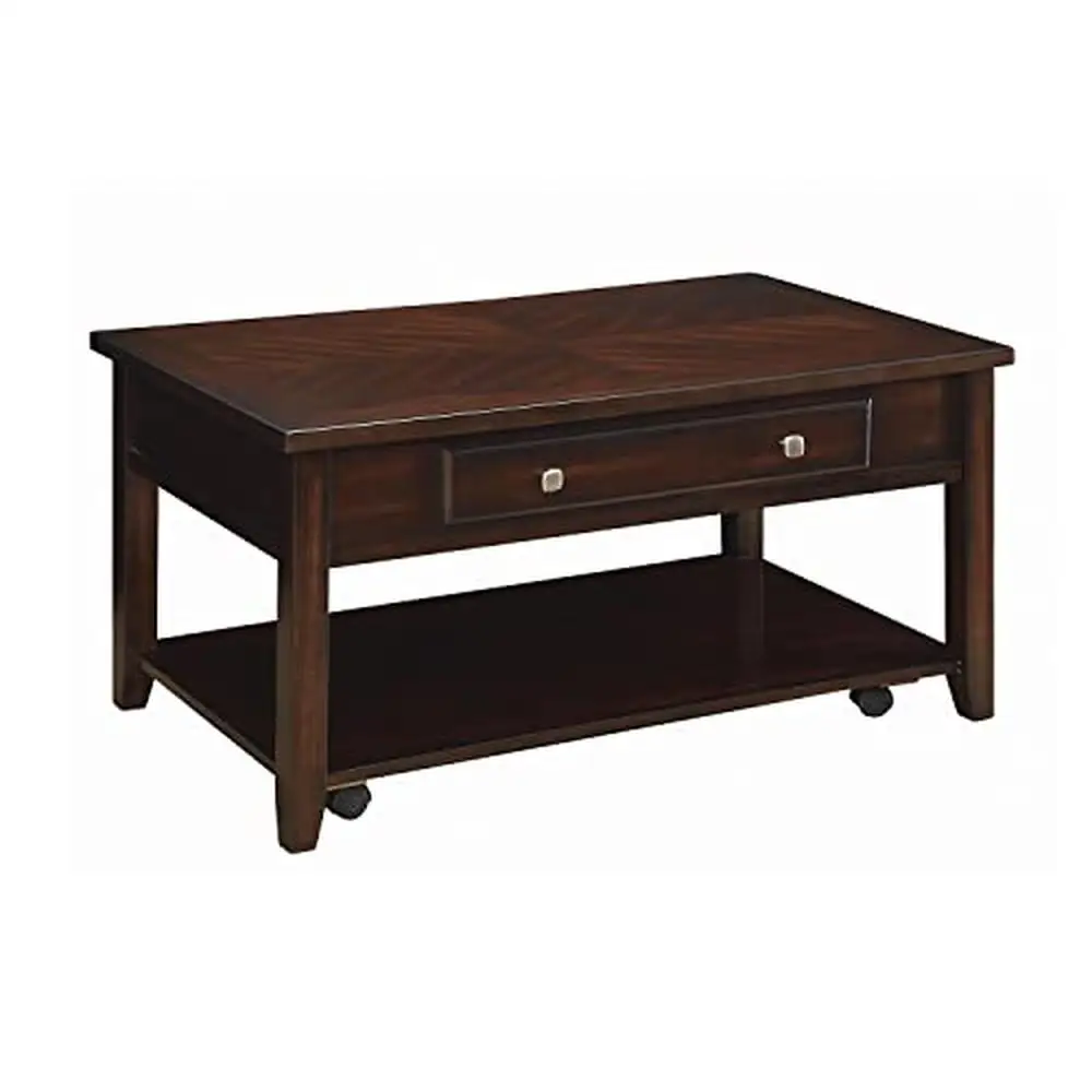 

Wooden Lift-Top Coffee Table with Drawer and Hidden Storage Rectangular Modern Design 40"D x 24"W x 19"H Brown Color Wheels