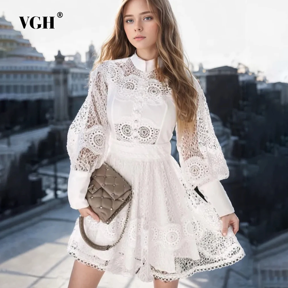 

VGH Solid Patchwork Embroidery Dresses For Women Stand Collar Lantern Sleeve High Waist Spliced Lace Mini Dress Female Fashion