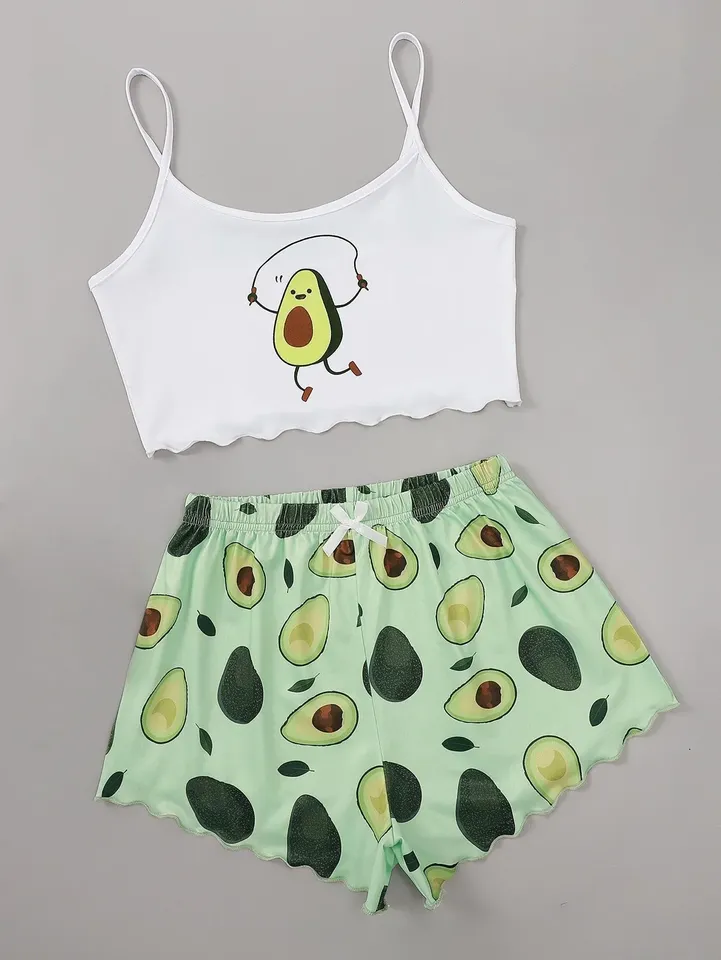  Avocado Print Casual Camisole Tops with Shorts Set Sleepwear Women Summer Pajamas Set Sexy Lingerie Nightie Homewear Underwear 
