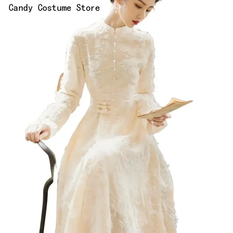 

Retro White Lace Dress Spring Slim and Thin Long-sleeved Waist Fashion Trend Young Improved Cheongsam Dress